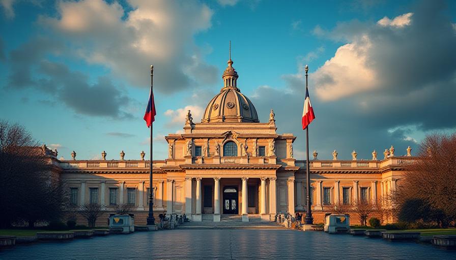 Palazzo istituzionale a Roma sotto un cielo dinamico